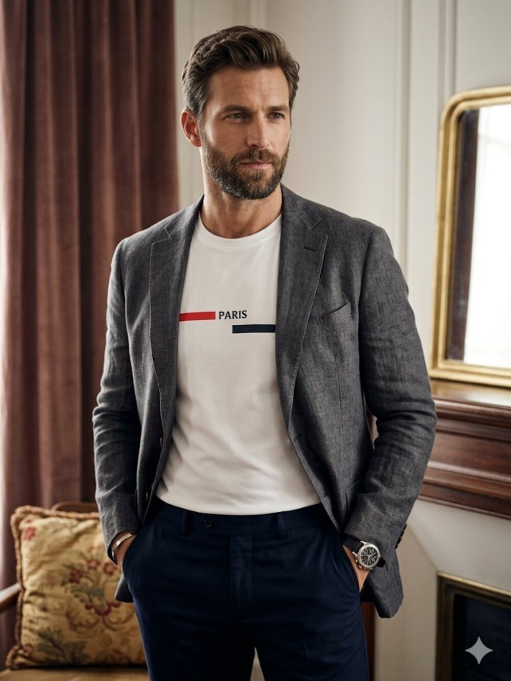 Paris Minimalist Luxe Tee – White Red Navy Stripe Graphic – XL NWT Euro Style - Picture 6 of 7